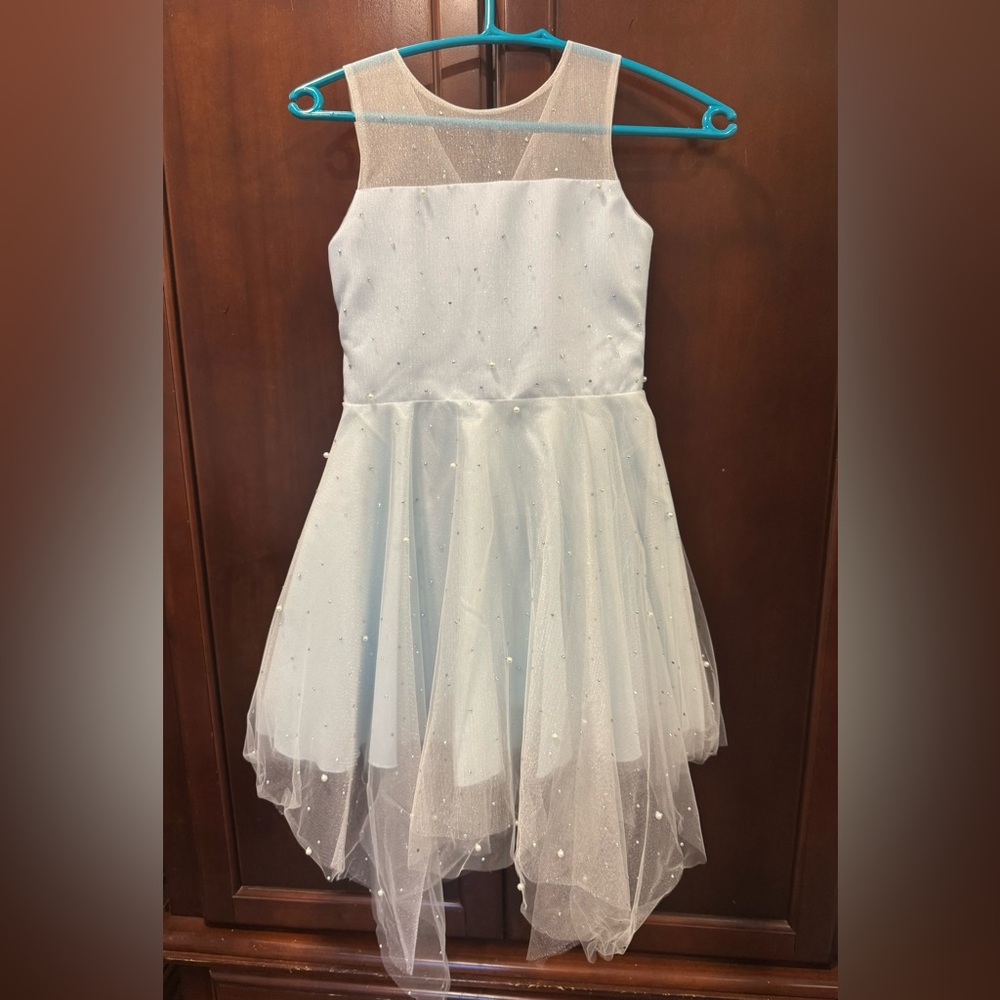 Beautiful handkerchief dress in shimmery light blue with pearls, Worn once!